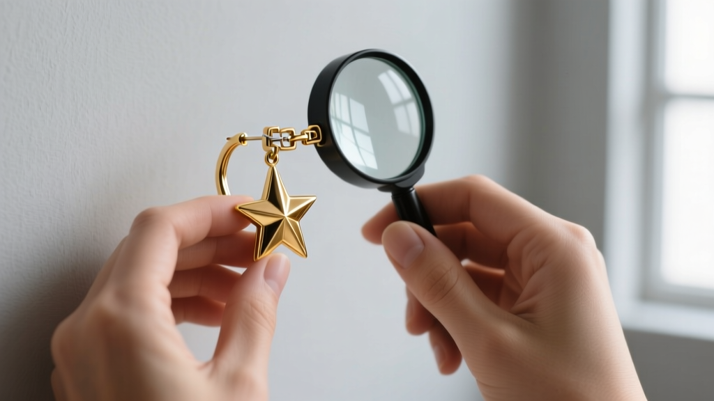 Jeweler using a 10x loupe to inspect the solder joint and latch-back clasp of a delicate solid 14k gold star hoop earring.