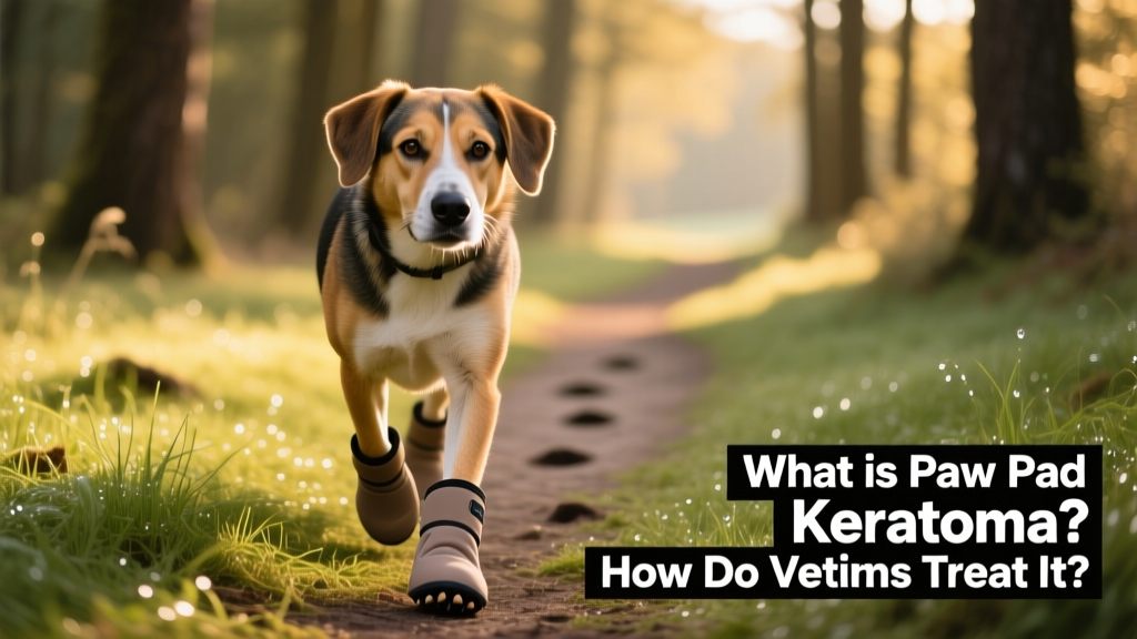 Dog wearing well-fitted, breathable booties while walking on a grassy trail