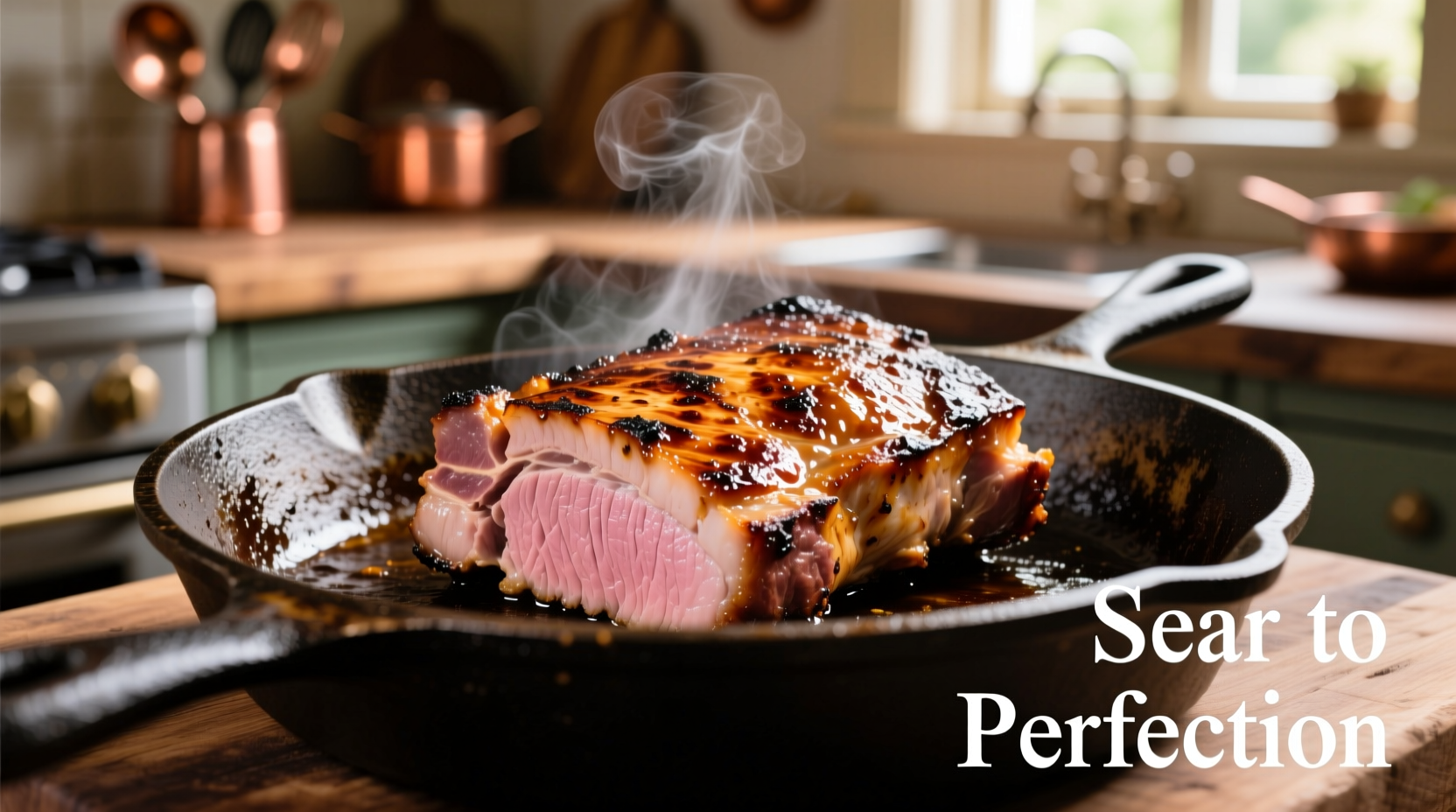 Perfectly seared pork loin in cast iron skillet