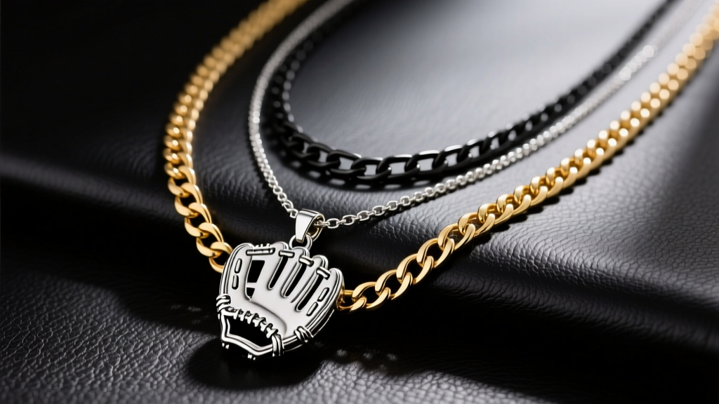 Layered necklaces with a baseball glove motif, a plain Cuban link, and a minimalist box chain arranged neatly on dark leather