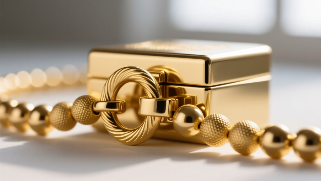Macro close-up of a secure 14k gold box clasp with a figure-eight safety catch connecting a strand of textured 6mm gold beads