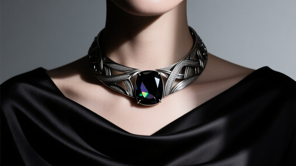 Black onyx and oxidized silver collar necklace worn over black silk, photographed in high-contrast, moody editorial lighting.