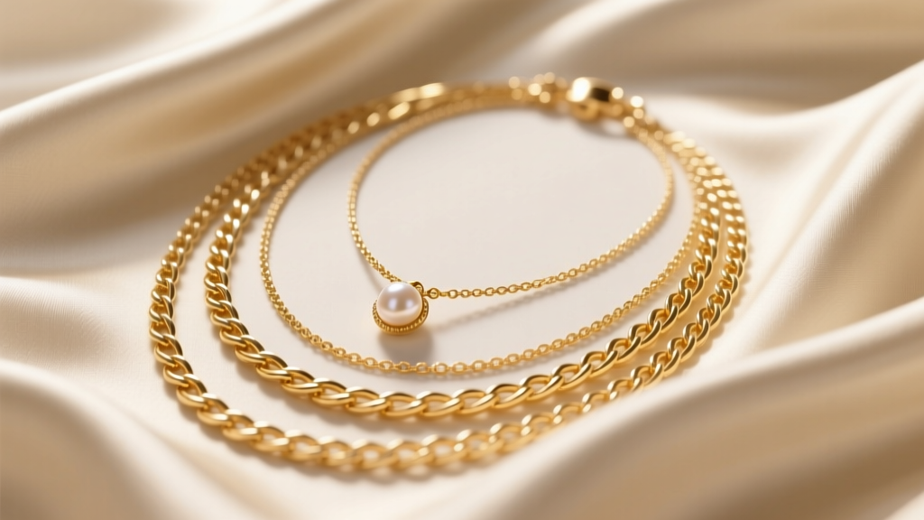 Layered gold necklaces of varying lengths on cream silk, with a delicate pearl pendant on the mid-chain, soft natural lighting.