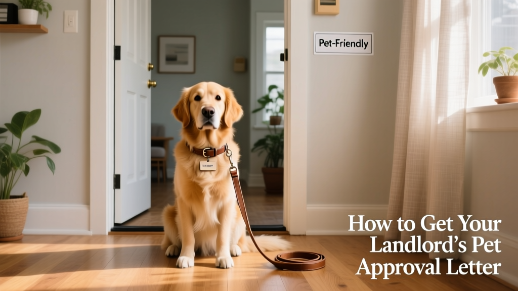 A friendly dog sitting calmly beside a neatly organized apartment doorway with a leash and collar nearby