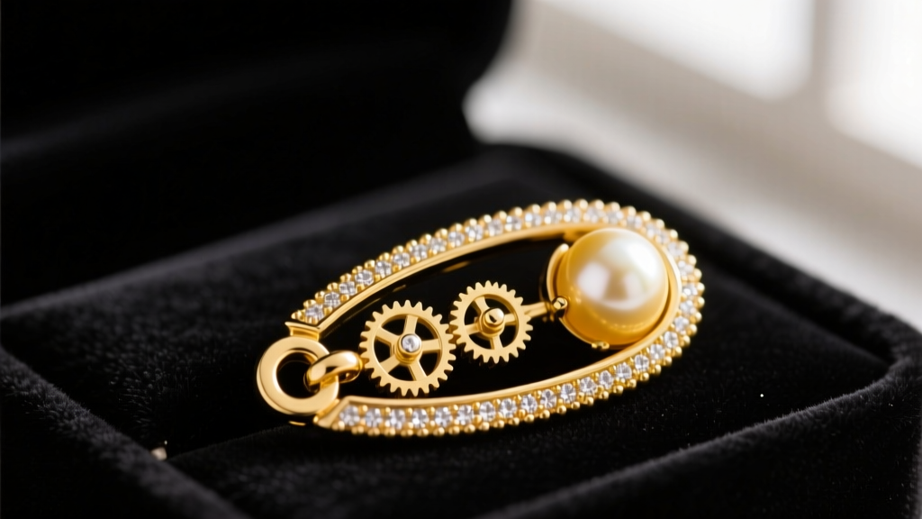 Macro shot of an 18k yellow gold pearl enhancer bail on black velvet, highlighting the open hinge mechanism and milgrain edges.
