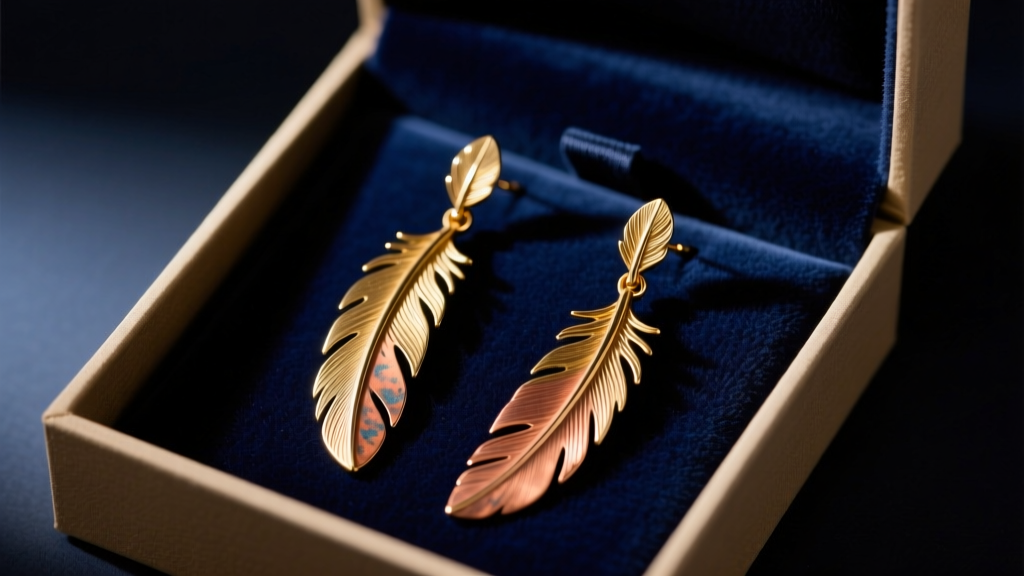 Open gift box revealing sculptural Thomas Mann brass and copper feather earrings resting on dark navy velvet under warm lighting