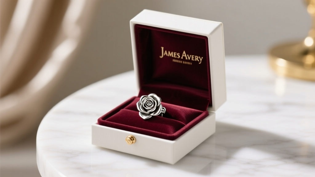 Elegant gift box with a velvet pouch holding a polished vintage James Avery silver rose earring, styled for a special occasion gift