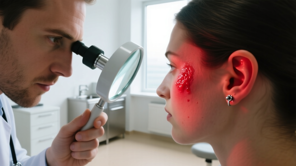 Doctor examining a swollen red ear cartilage piercing on a patient using a bright medical magnifying loupe in a modern clinic.