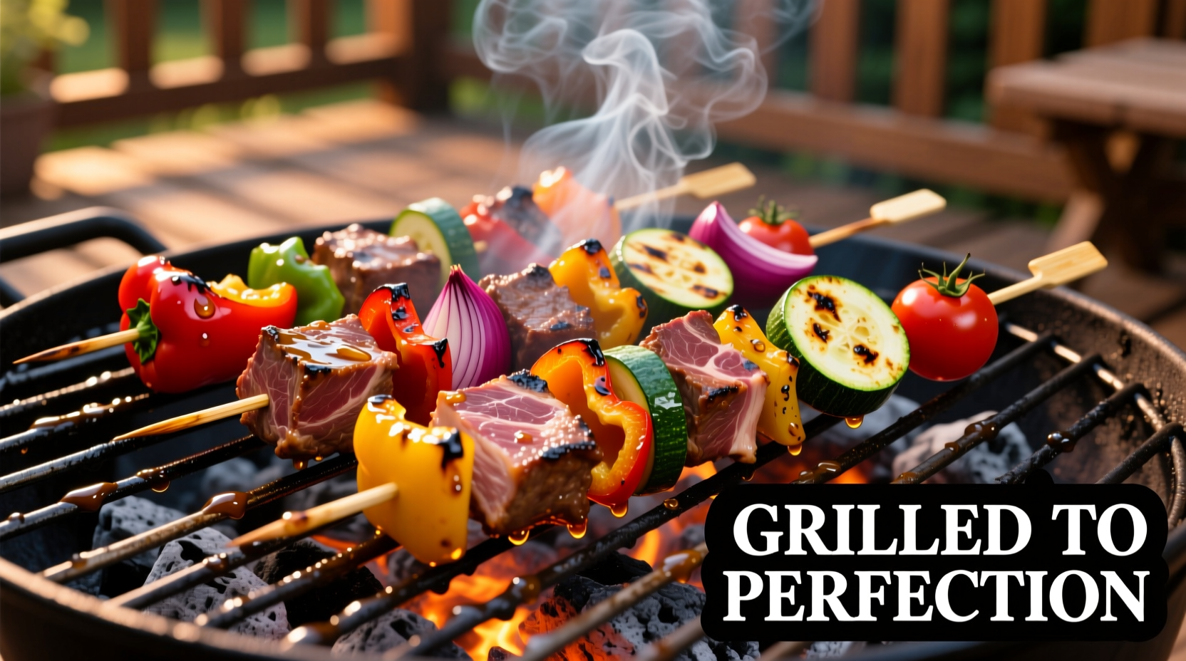 Colorful vegetable and lamb kebabs on grill