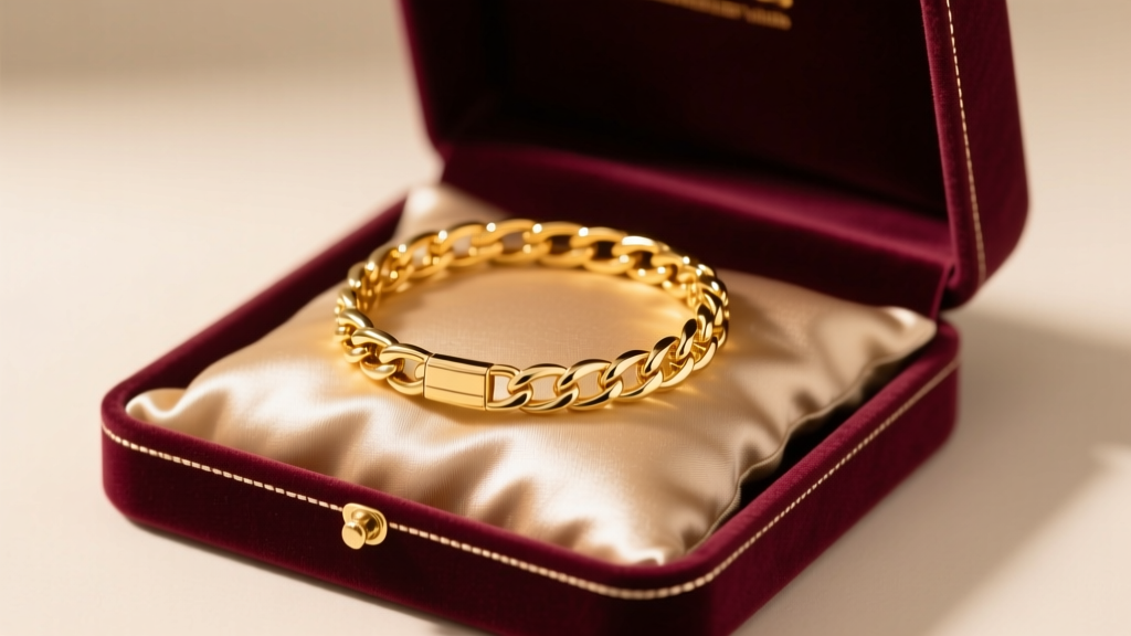 Open velvet gift box revealing an 18k solid gold tennis bracelet on a satin pillow, illuminated by warm, soft studio lighting