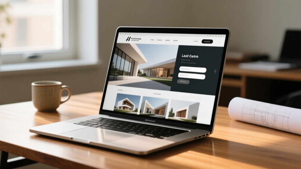 Modern laptop displaying a high-end construction company portfolio website with project galleries and lead capture forms on a wooden desk