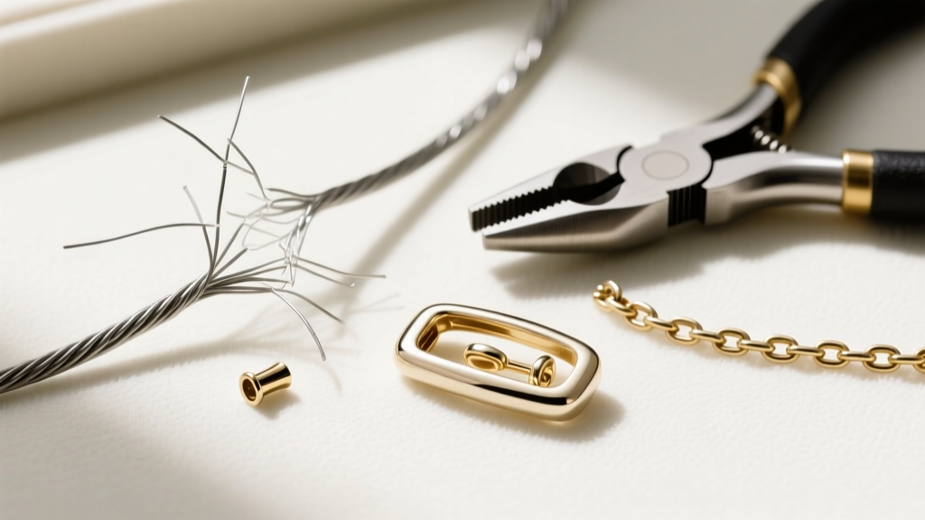 Jeweler bench showing a broken nylon-coated steel beading wire, a crimp bead, and chain-nose pliers next to a white gold clasp.