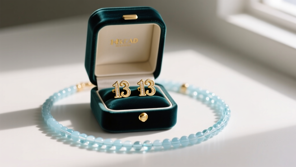 Flat lay of a velvet box containing 14k solid gold number 13 stud earrings, resting on a pastel blue beaded friendship bracelet.