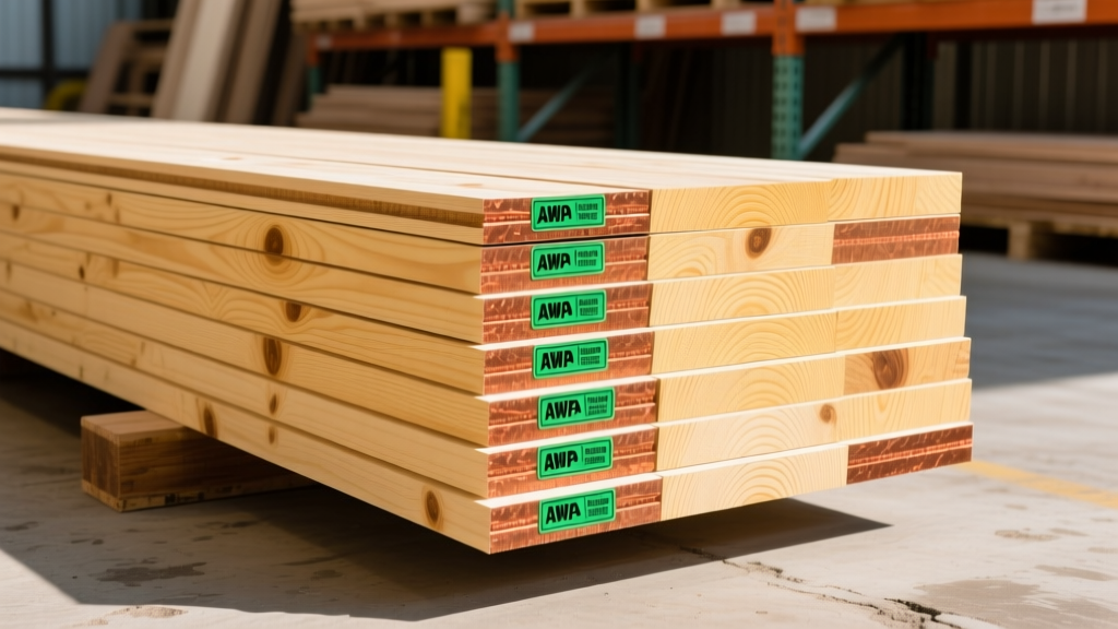 Stacked pressure-treated Southern Yellow Pine decking boards at Acme Lumber yard showing green AWPA retention tags and copper preservative tint