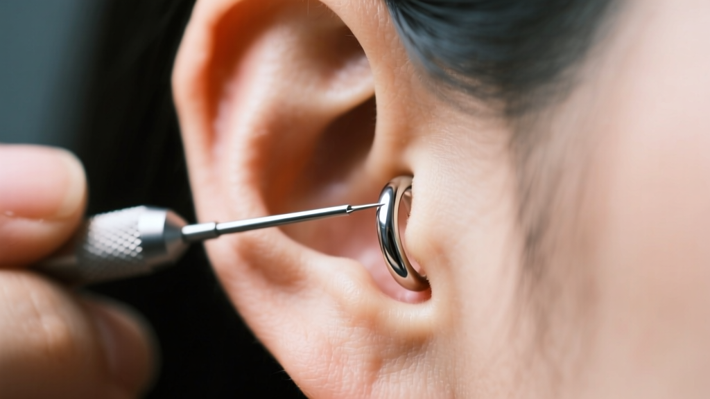 Piercer using a sterile steel insertion taper to gently guide a titanium ring into a partially closed cartilage helix piercing.