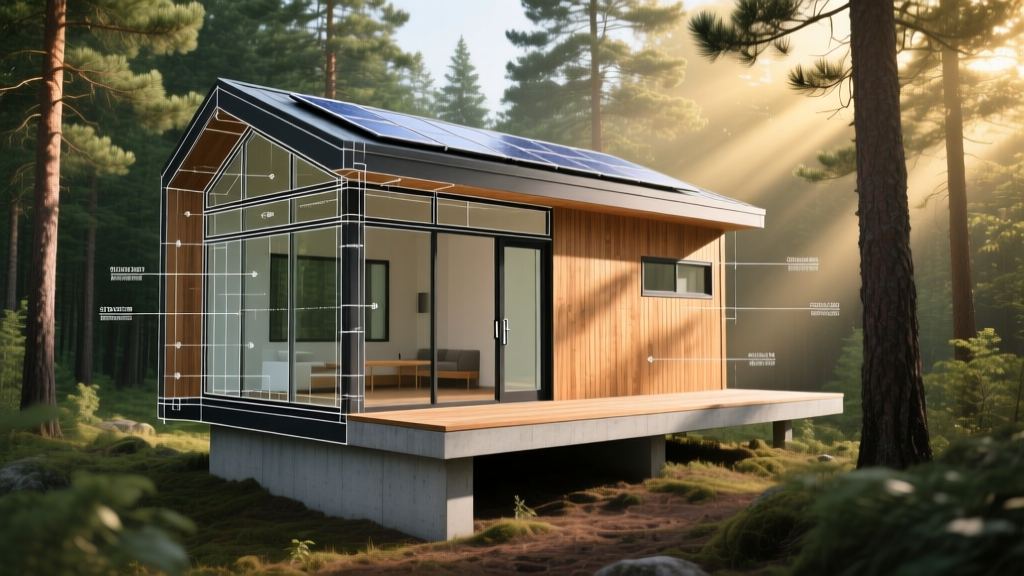 Architectural blueprint of a 600 square foot modern tiny house resting on a concrete pier foundation surrounded by tall pine trees