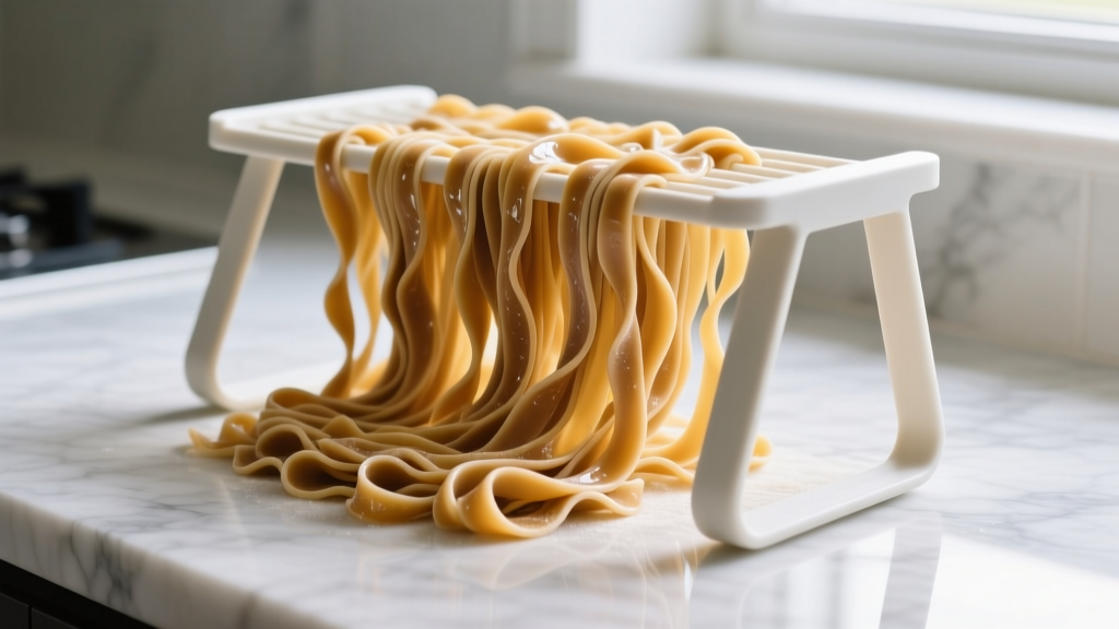Silicone pasta drying rack sagging under the weight of fresh wet pappardelle noodles on a marble countertop