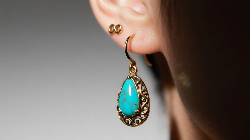 Close-up of a stretched earlobe wearing an ornate 00g brass hanger earring with a dangling turquoise teardrop, studio lighting