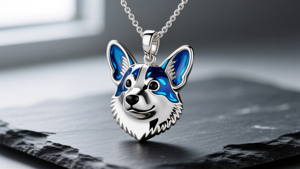 Close-up of a 925 sterling silver corgi necklace pendant with vibrant blue vitreous enamel details resting on dark slate.