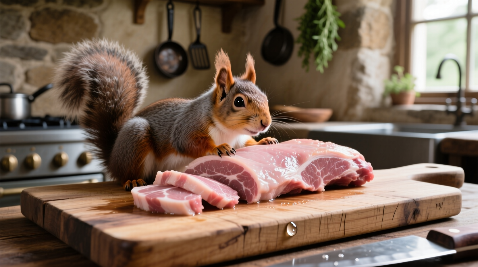 Freshly cleaned squirrel meat on wooden cutting board