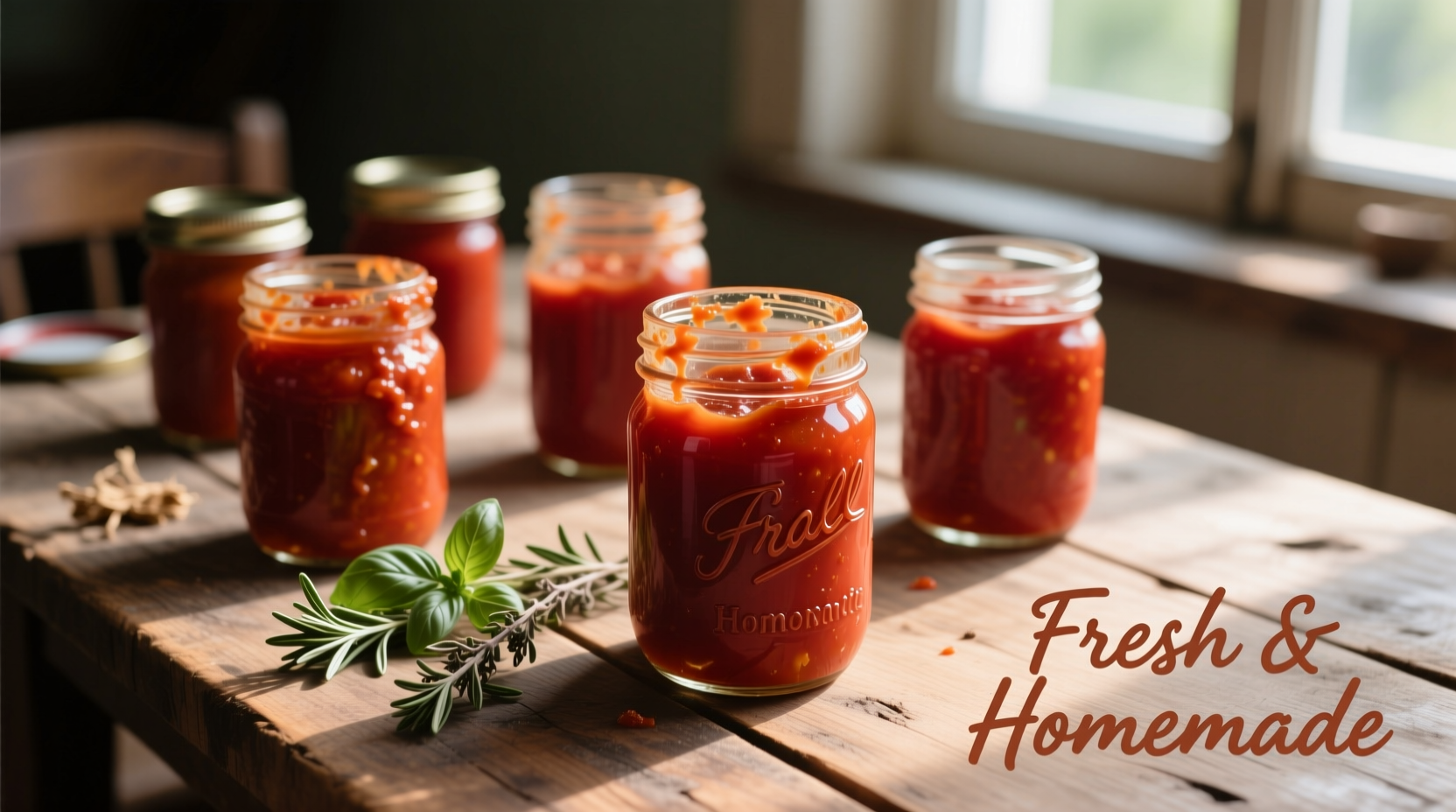 Homemade tomato paste in mason jars on wooden table