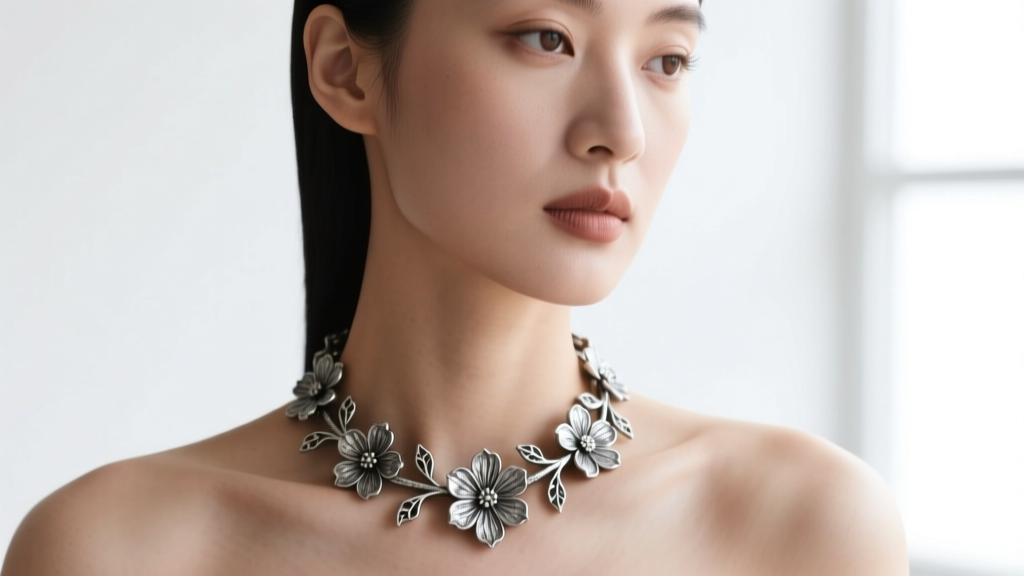 Portrait of woman wearing 15-inch oxidized silver floral choker necklace, showing perfect collarbone placement and snug fit.