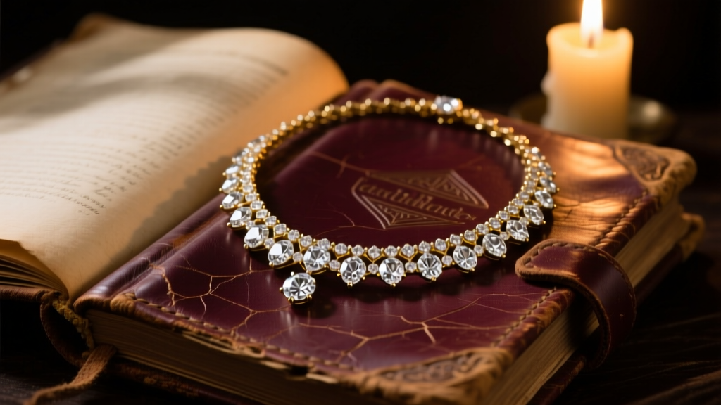 Vintage 19th-century diamond riviere necklace resting on a worn leather journal, illuminated by moody candlelight.