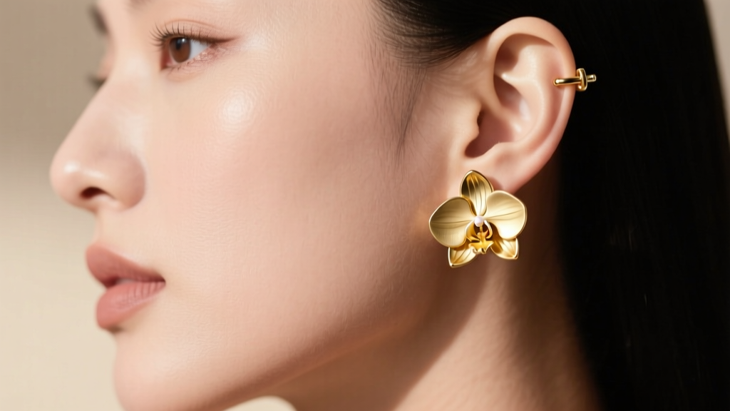 Side profile of a model wearing medium gold orchid stud earrings, highlighting the secure la pousette backing and lobe fit