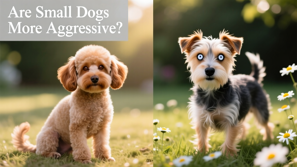 Side-by-side comparison showing two small dogs: one relaxed with soft eyes and loose body, the other tense with whale eye and tight mouth