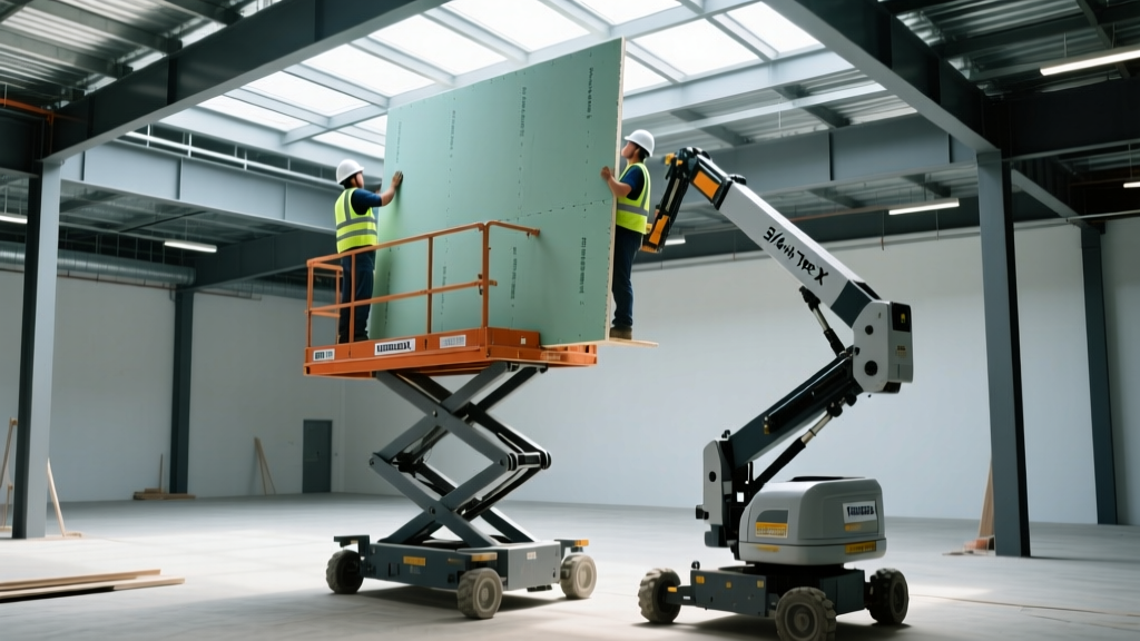 Construction workers using a mechanical drywall lift to hoist a heavy 5/8-inch Type X gypsum board onto a commercial ceiling frame