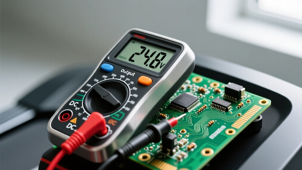 Close up of a digital multimeter testing the DC voltage output on a treadmill incline motor circuit board with red and black probes