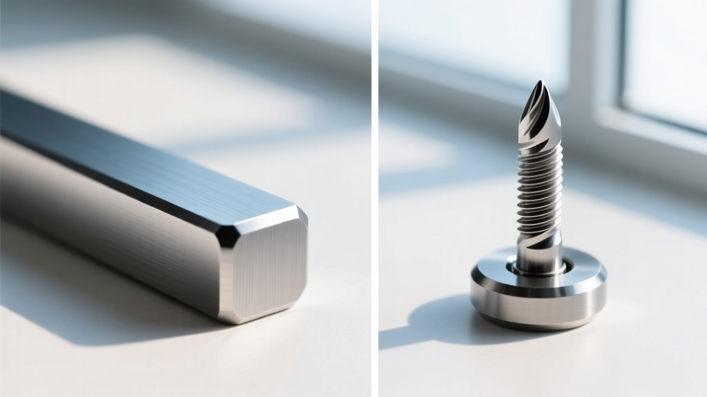 Side-by-side macro comparison of a staple-shaped titanium surface bar and a single-point dermal anchor base with a threaded post.