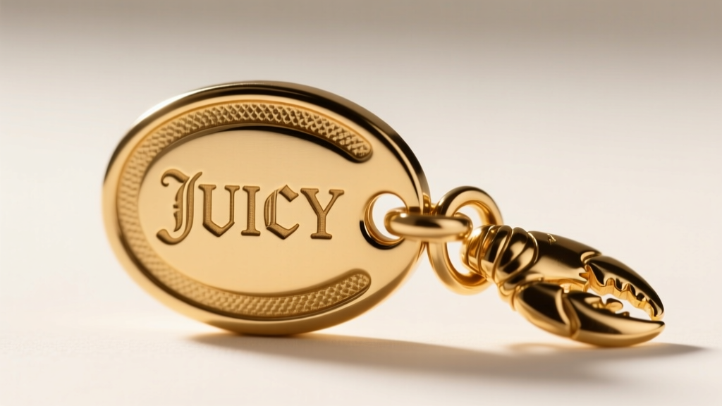 Macro photo of a vintage Juicy Couture key pendant back, showing the deep JUICY stamp and a heavy gold-tone lobster chain clasp.