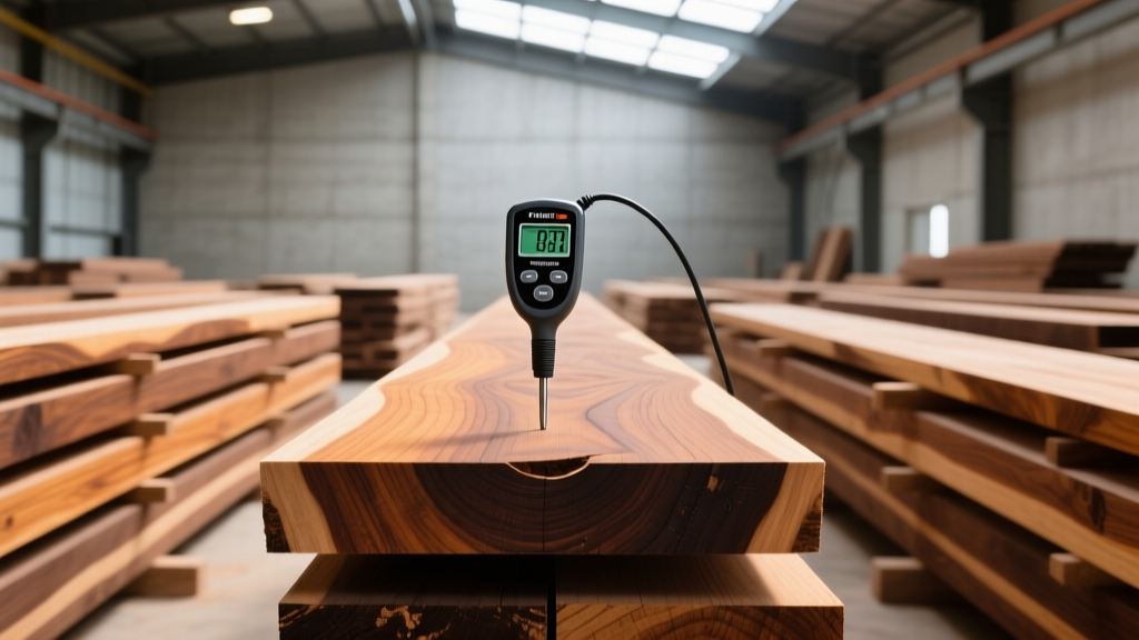 Stacks of kiln-dried Sapele and Iroko hardwood lumber in a warehouse, with a moisture meter probe inserted into a thick plank