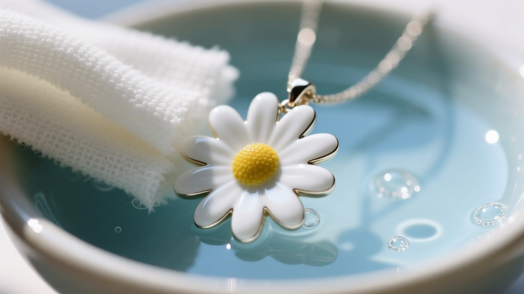 Microfiber cloth wiping white enamel petals of a daisy pendant, with a small bowl of mild soapy water blurred in the background.