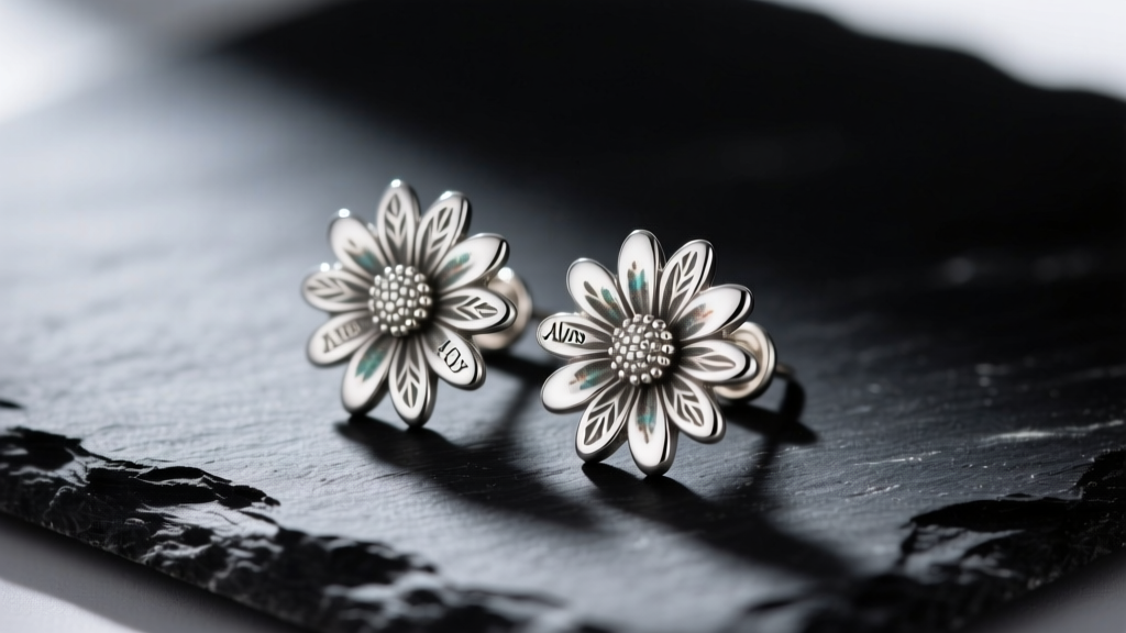 Close-up of retired James Avery sterling silver daisy drop earrings on dark slate, highlighting oxidized details and hallmarks.