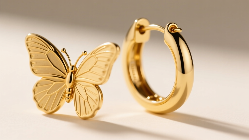 Macro shot of 18k yellow gold butterfly hoop earrings showing intricate wing venation and a secure hinged saddle clasp mechanism.