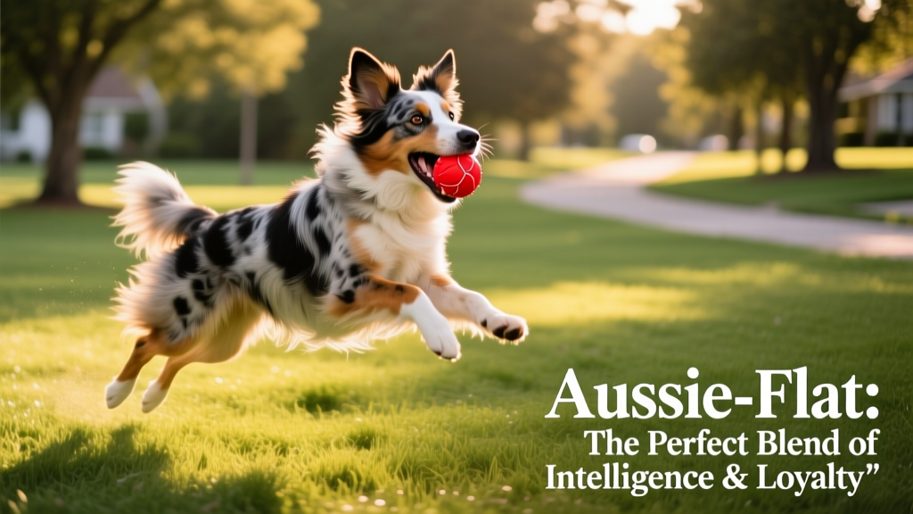 An Aussie-Flat playing fetch in a grassy park, mid-leap with a bright toy in its mouth