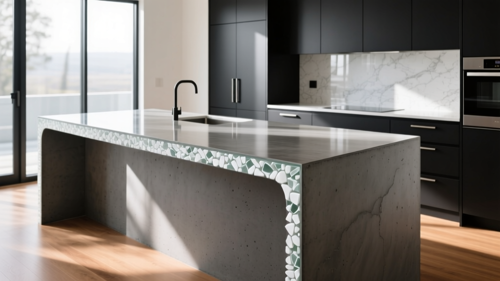 Polished charcoal GFRC concrete countertop with white glass aggregate on a modern kitchen island featuring a seamless waterfall edge.