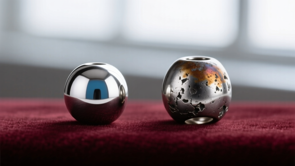 Macro comparison of polished Argentium silver bead next to oxidized, heavily tarnished traditional sterling silver bead on velvet.