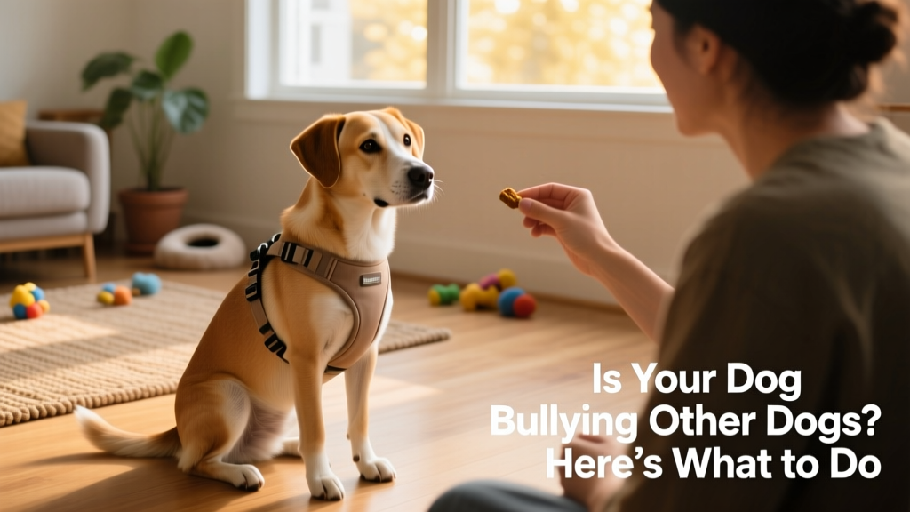 A calm, seated dog wearing a lightweight harness, looking attentively at their owner during a quiet training session