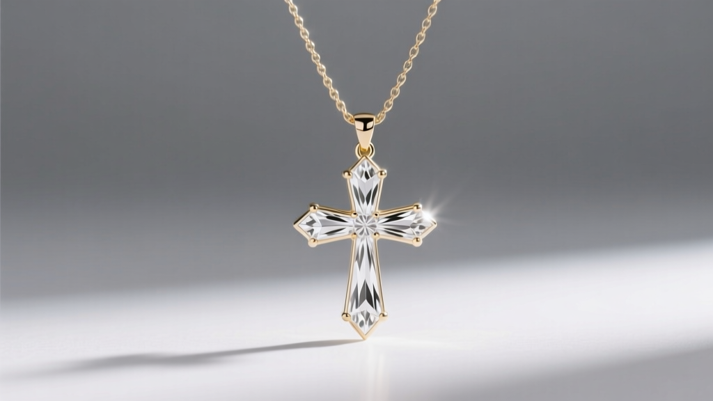 White gold Juliette cross pendant on a fine cable chain, catching soft directional light against a neutral grey studio backdrop.