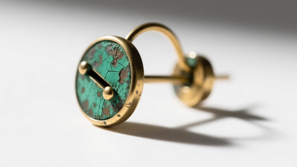 Close-up of a worn brass earring friction back revealing green oxidation and bent tension loops on a clean white background.