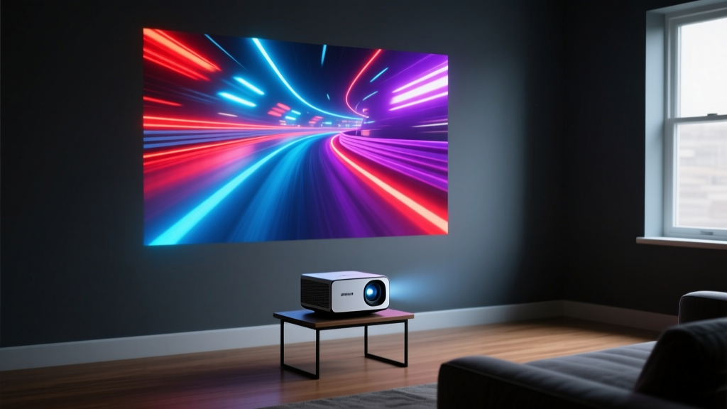 A portable smart projector displaying a vibrant racing video game on a living room wall in a completely darkened room