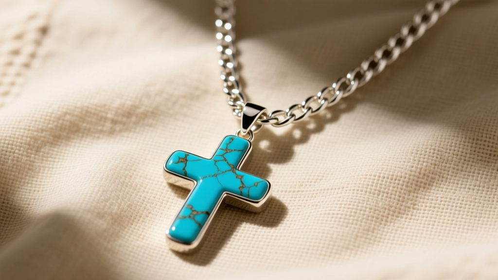 A 4mm sterling silver wheat chain holding a heavy turquoise cross pendant, photographed top-down against soft beige linen fabric.