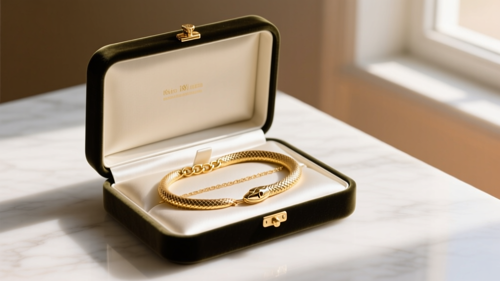Velvet jewelry box displaying an 18k Italian gold box chain and a snake chain laid perfectly flat on cushions to prevent kinks.