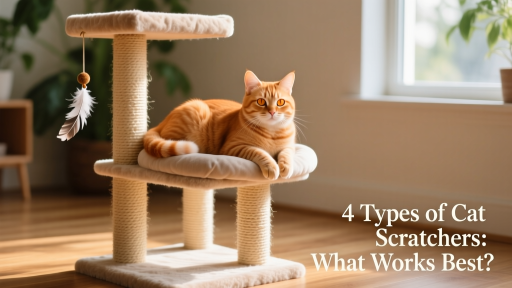 A ginger cat resting on a plush perch of a multi-level cat tower with visible sisal-wrapped posts and a hanging toy