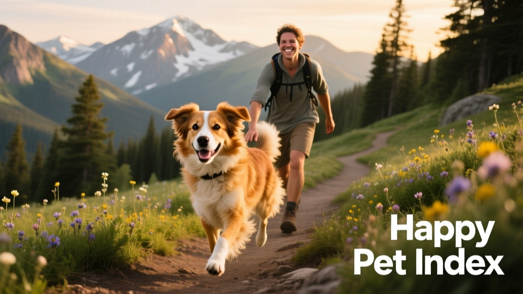 A happy mixed-breed dog and its owner hiking a scenic mountain trail in Colorado