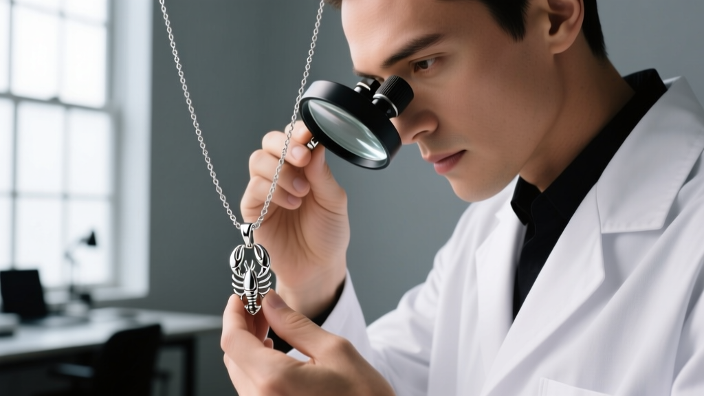 Jeweler using a 10x loupe to inspect a lobster clasp and soldered jump ring on a high-quality sterling silver pendant necklace.