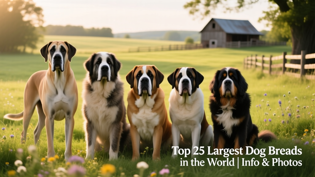 A diverse group of giant dog breeds standing calmly together in a sunlit meadow